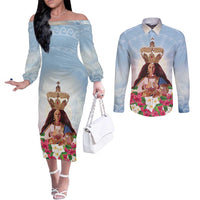 Guam Patroness Couples Matching Off The Shoulder Long Sleeve Dress and Long Sleeve Button Shirt The Legend Santa Marian Kamalen LT05 Blue - Polynesian Pride