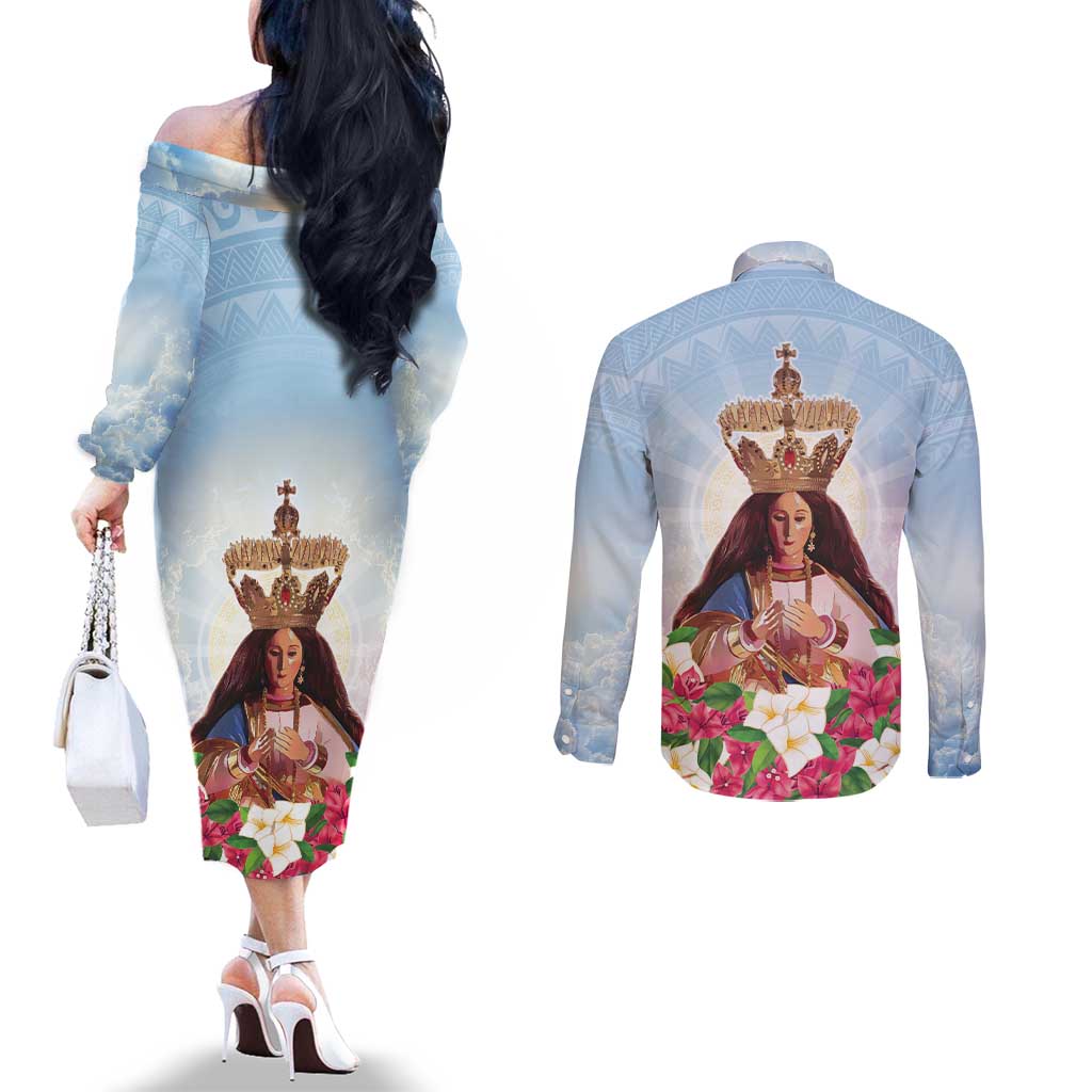 Guam Patroness Couples Matching Off The Shoulder Long Sleeve Dress and Long Sleeve Button Shirt The Legend Santa Marian Kamalen LT05 - Polynesian Pride