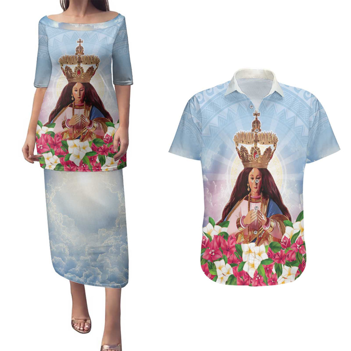 Guam Patroness Couples Matching Puletasi and Hawaiian Shirt The Legend Santa Marian Kamalen LT05 Blue - Polynesian Pride