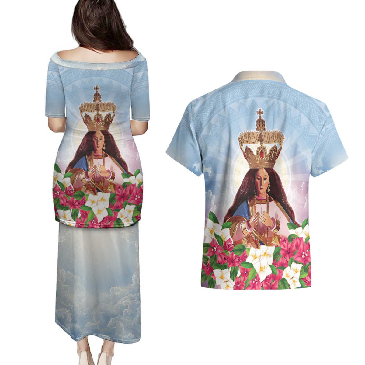Guam Patroness Couples Matching Puletasi and Hawaiian Shirt The Legend Santa Marian Kamalen LT05 - Polynesian Pride