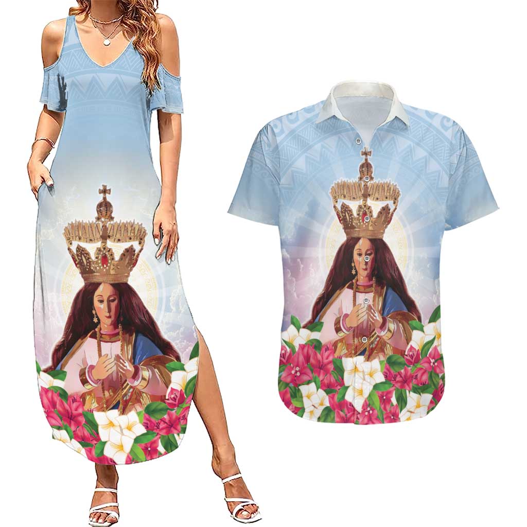 Guam Patroness Couples Matching Summer Maxi Dress and Hawaiian Shirt The Legend Santa Marian Kamalen LT05 Blue - Polynesian Pride