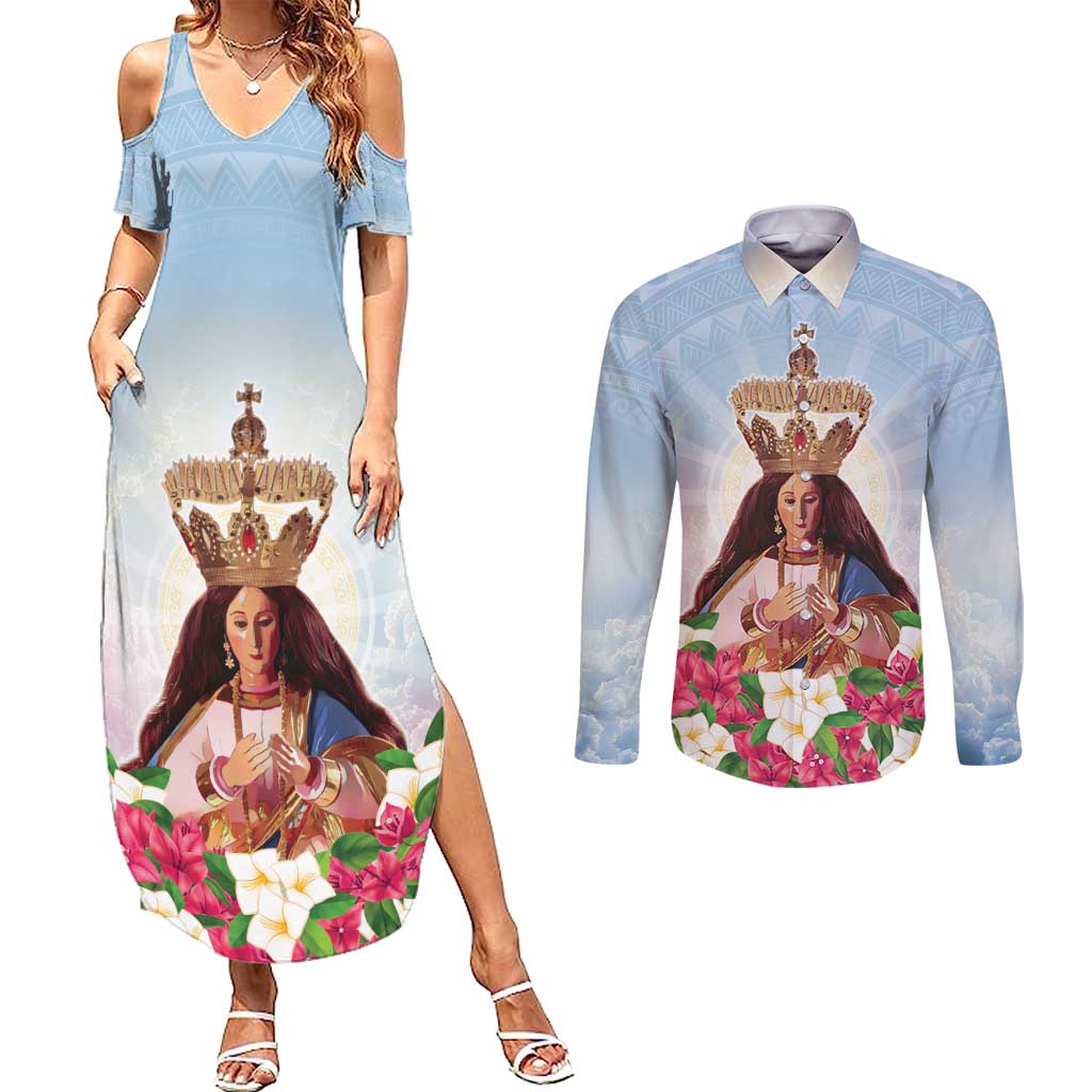 Guam Patroness Couples Matching Summer Maxi Dress and Long Sleeve Button Shirt The Legend Santa Marian Kamalen LT05 Blue - Polynesian Pride