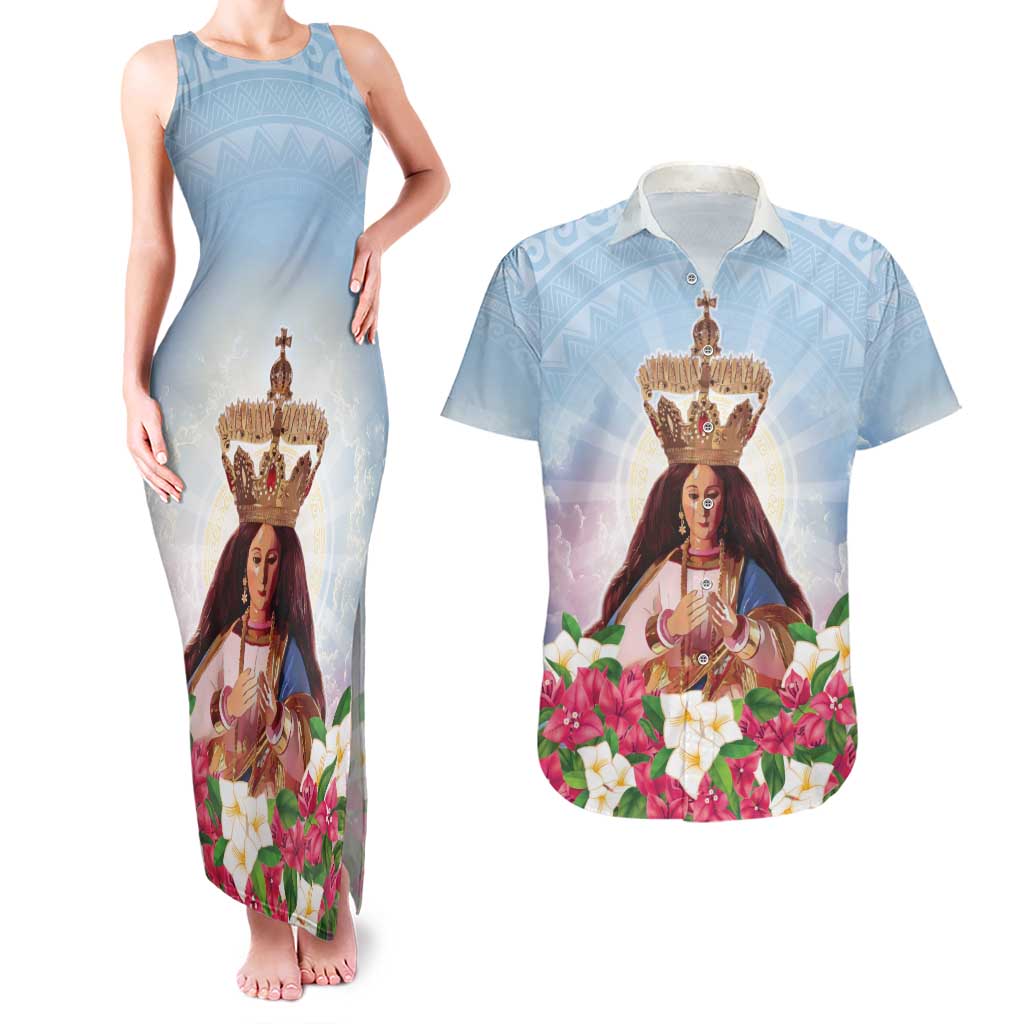 Guam Patroness Couples Matching Tank Maxi Dress and Hawaiian Shirt The Legend Santa Marian Kamalen LT05 Blue - Polynesian Pride
