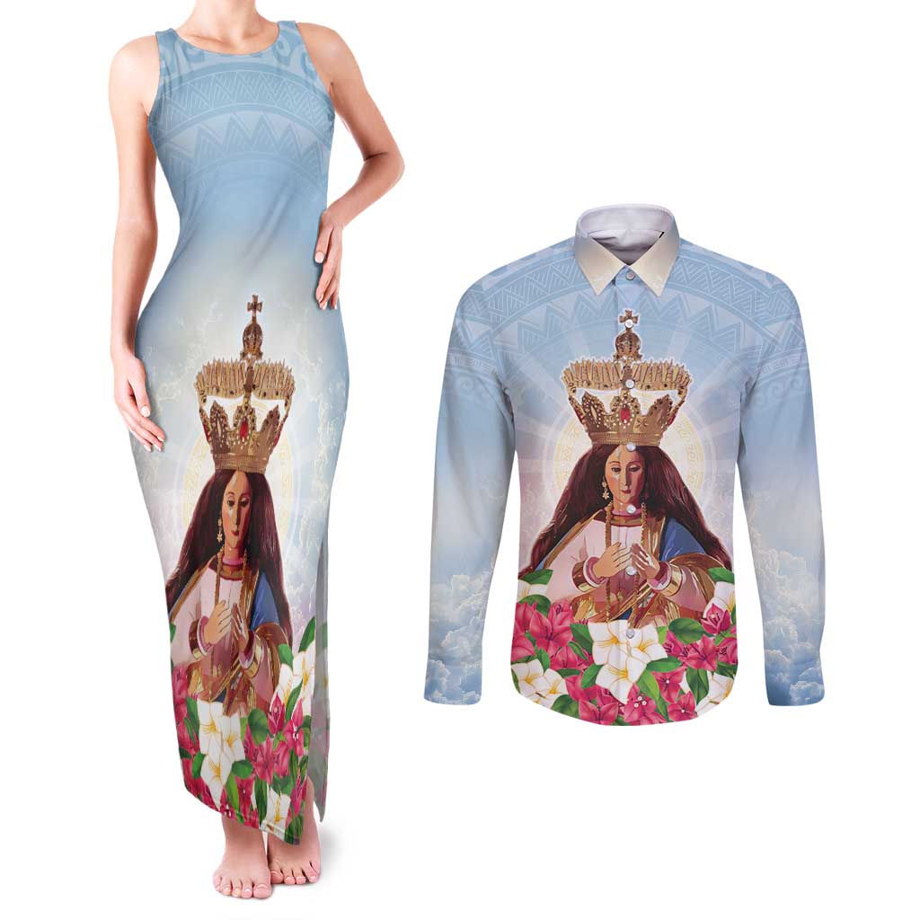 Guam Patroness Couples Matching Tank Maxi Dress and Long Sleeve Button Shirt The Legend Santa Marian Kamalen LT05 Blue - Polynesian Pride