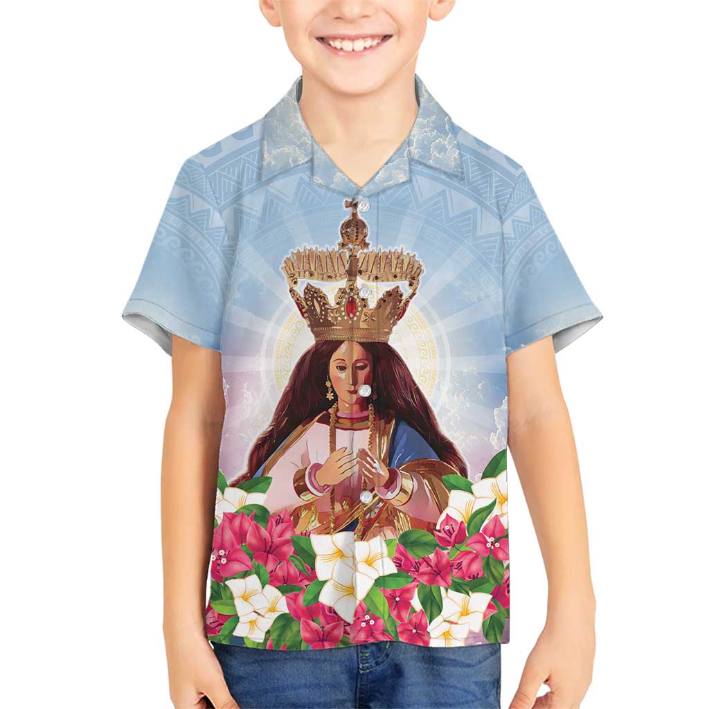 Guam Patroness Family Matching Long Sleeve Bodycon Dress and Hawaiian Shirt The Legend Santa Marian Kamalen LT05 Son's Shirt Blue - Polynesian Pride