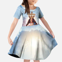 Guam Patroness Family Matching Off The Shoulder Long Sleeve Dress and Hawaiian Shirt The Legend Santa Marian Kamalen LT05 Daughter's Dress Blue - Polynesian Pride