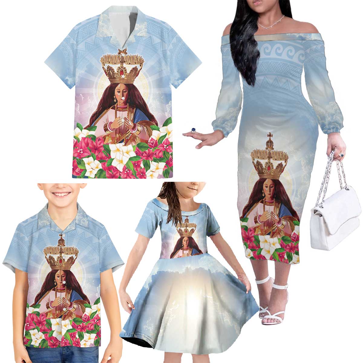 Guam Patroness Family Matching Off The Shoulder Long Sleeve Dress and Hawaiian Shirt The Legend Santa Marian Kamalen LT05 - Polynesian Pride