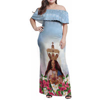 Guam Patroness Family Matching Off Shoulder Maxi Dress and Hawaiian Shirt The Legend Santa Marian Kamalen LT05 Mom's Dress Blue - Polynesian Pride