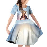 Guam Patroness Family Matching Off Shoulder Short Dress and Hawaiian Shirt The Legend Santa Marian Kamalen LT05 Daughter's Dress Blue - Polynesian Pride