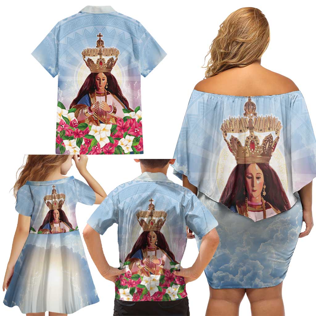 Guam Patroness Family Matching Off Shoulder Short Dress and Hawaiian Shirt The Legend Santa Marian Kamalen LT05 - Polynesian Pride