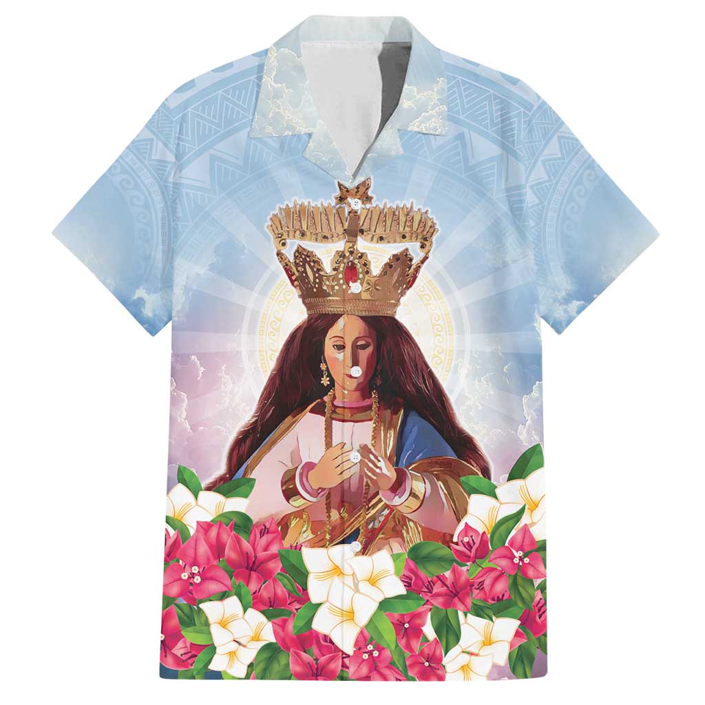 Guam Patroness Family Matching Off Shoulder Short Dress and Hawaiian Shirt The Legend Santa Marian Kamalen LT05 Dad's Shirt - Short Sleeve Blue - Polynesian Pride
