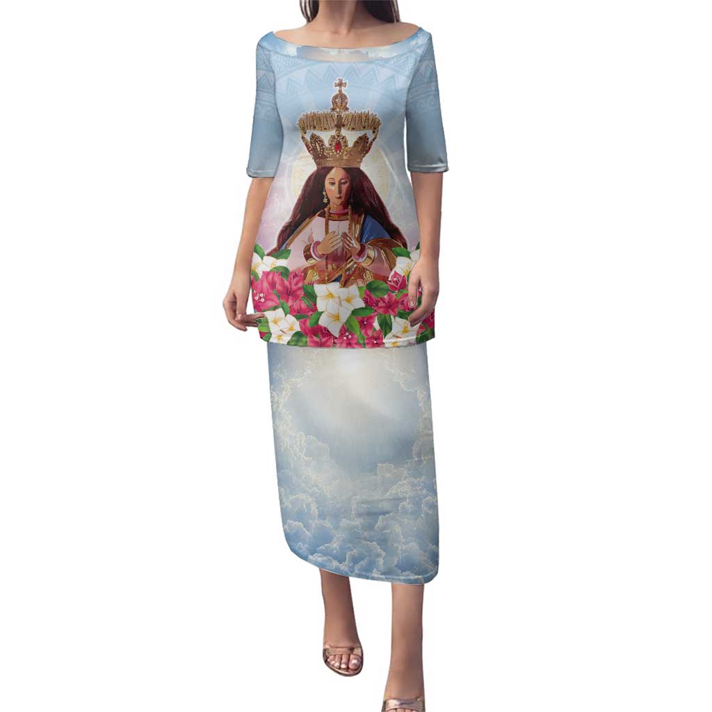 Guam Patroness Family Matching Puletasi and Hawaiian Shirt The Legend Santa Marian Kamalen LT05 Mom's Dress Blue - Polynesian Pride