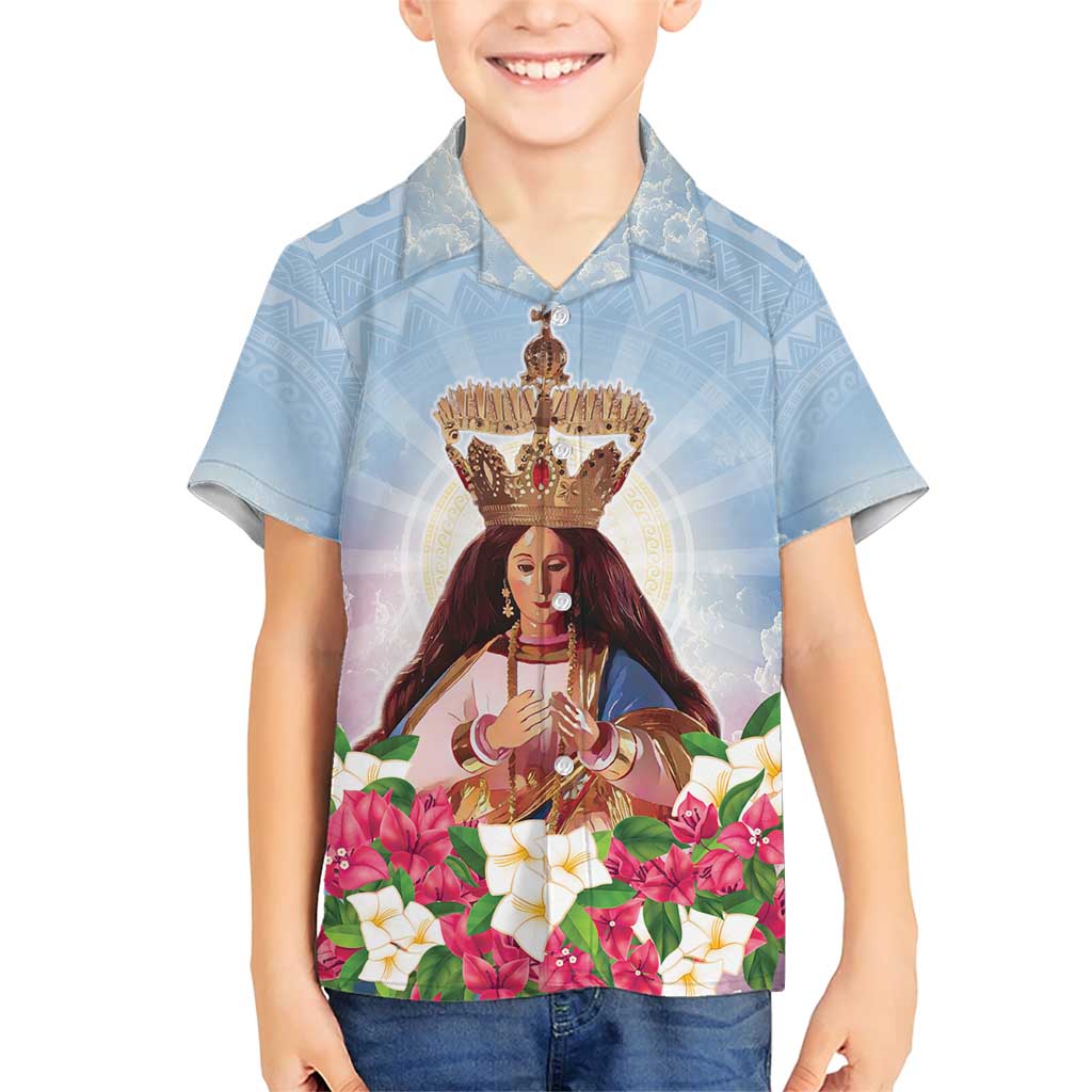 Guam Patroness Family Matching Short Sleeve Bodycon Dress and Hawaiian Shirt The Legend Santa Marian Kamalen LT05 Son's Shirt Blue - Polynesian Pride