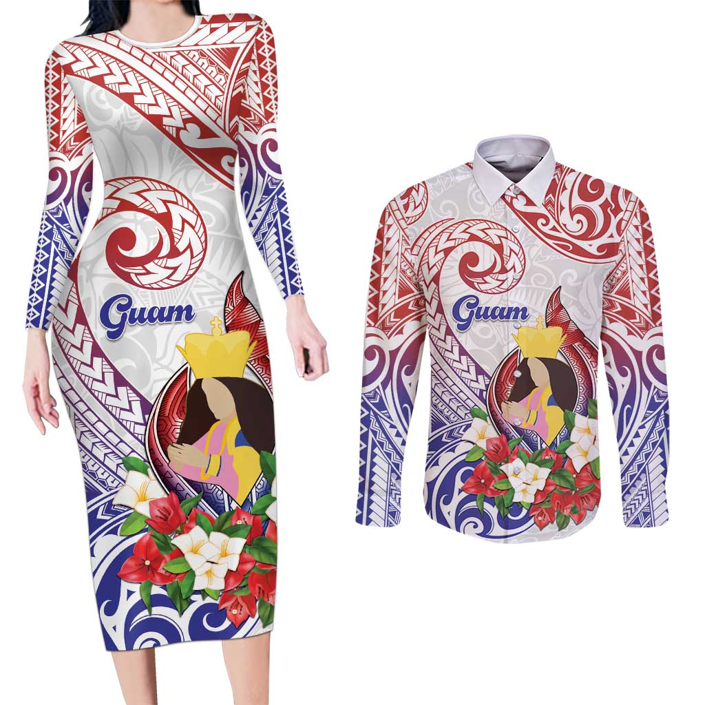 Happy Guam Santa Marian Kamalen Day Couples Matching Long Sleeve Bodycon Dress and Long Sleeve Button Shirt LT05 White - Polynesian Pride