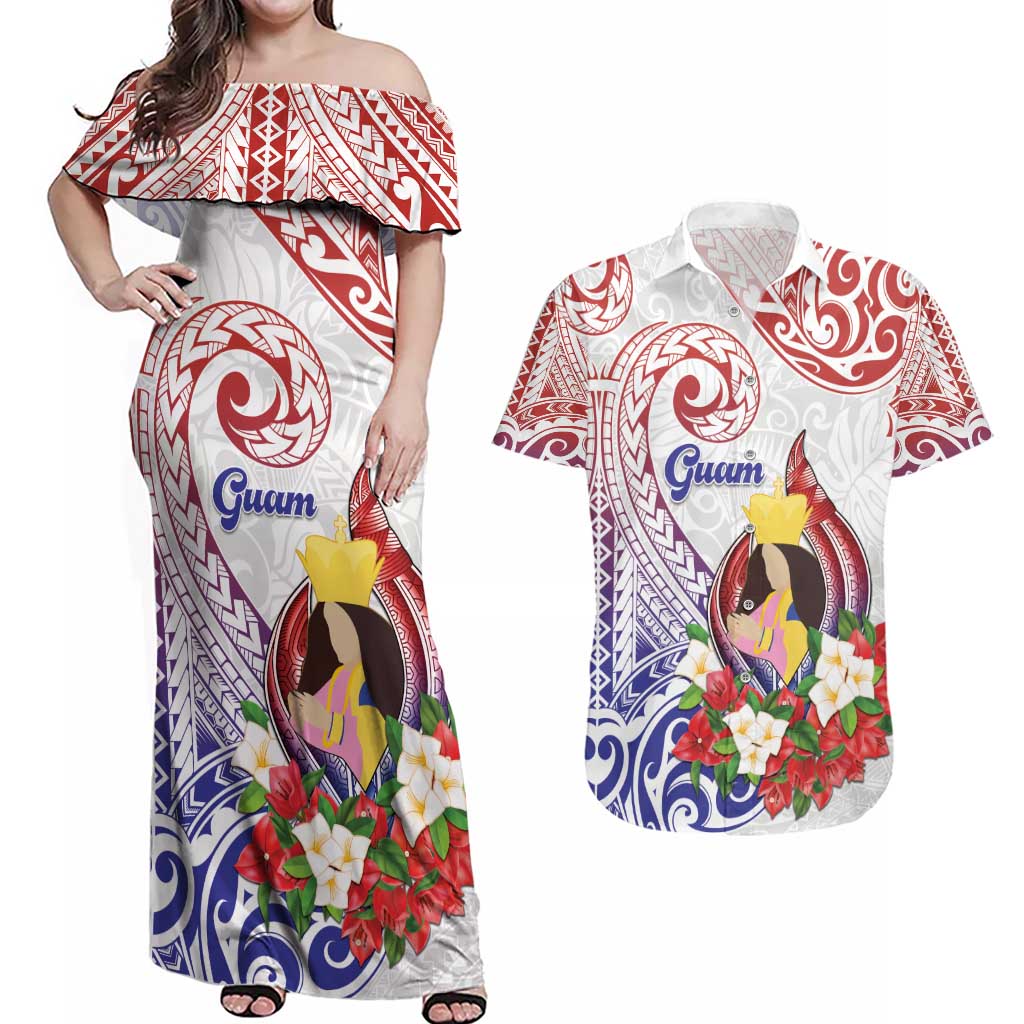 Happy Guam Santa Marian Kamalen Day Couples Matching Off Shoulder Maxi Dress and Hawaiian Shirt LT05 White - Polynesian Pride