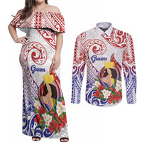 Happy Guam Santa Marian Kamalen Day Couples Matching Off Shoulder Maxi Dress and Long Sleeve Button Shirt LT05 White - Polynesian Pride