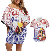 Happy Guam Santa Marian Kamalen Day Couples Matching Off Shoulder Short Dress and Hawaiian Shirt LT05 White - Polynesian Pride