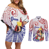 Happy Guam Santa Marian Kamalen Day Couples Matching Off Shoulder Short Dress and Long Sleeve Button Shirt LT05 White - Polynesian Pride