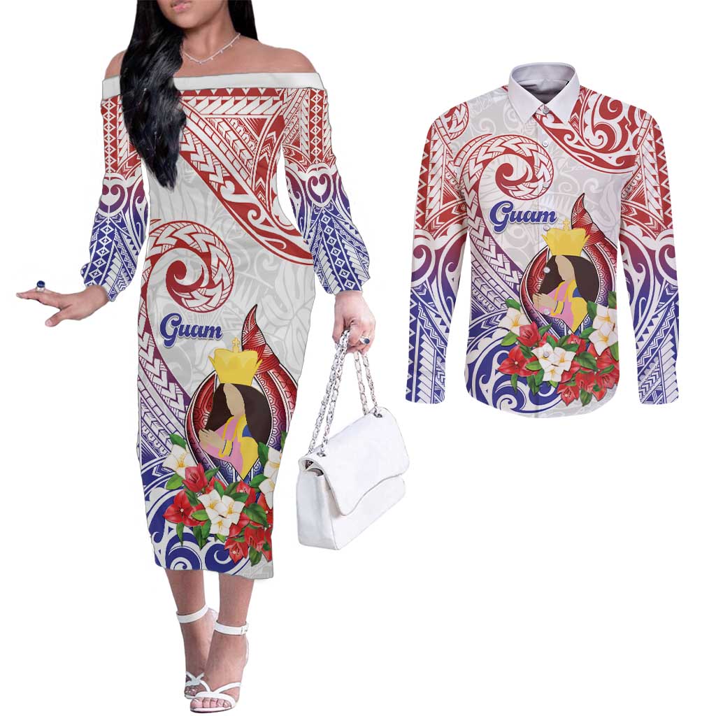 Happy Guam Santa Marian Kamalen Day Couples Matching Off The Shoulder Long Sleeve Dress and Long Sleeve Button Shirt LT05 White - Polynesian Pride