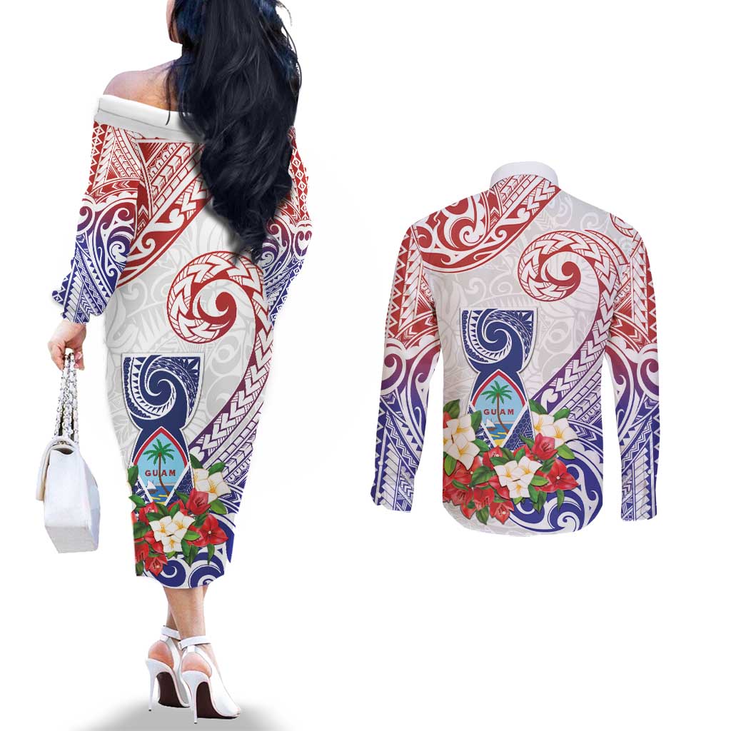 Happy Guam Santa Marian Kamalen Day Couples Matching Off The Shoulder Long Sleeve Dress and Long Sleeve Button Shirt LT05 - Polynesian Pride