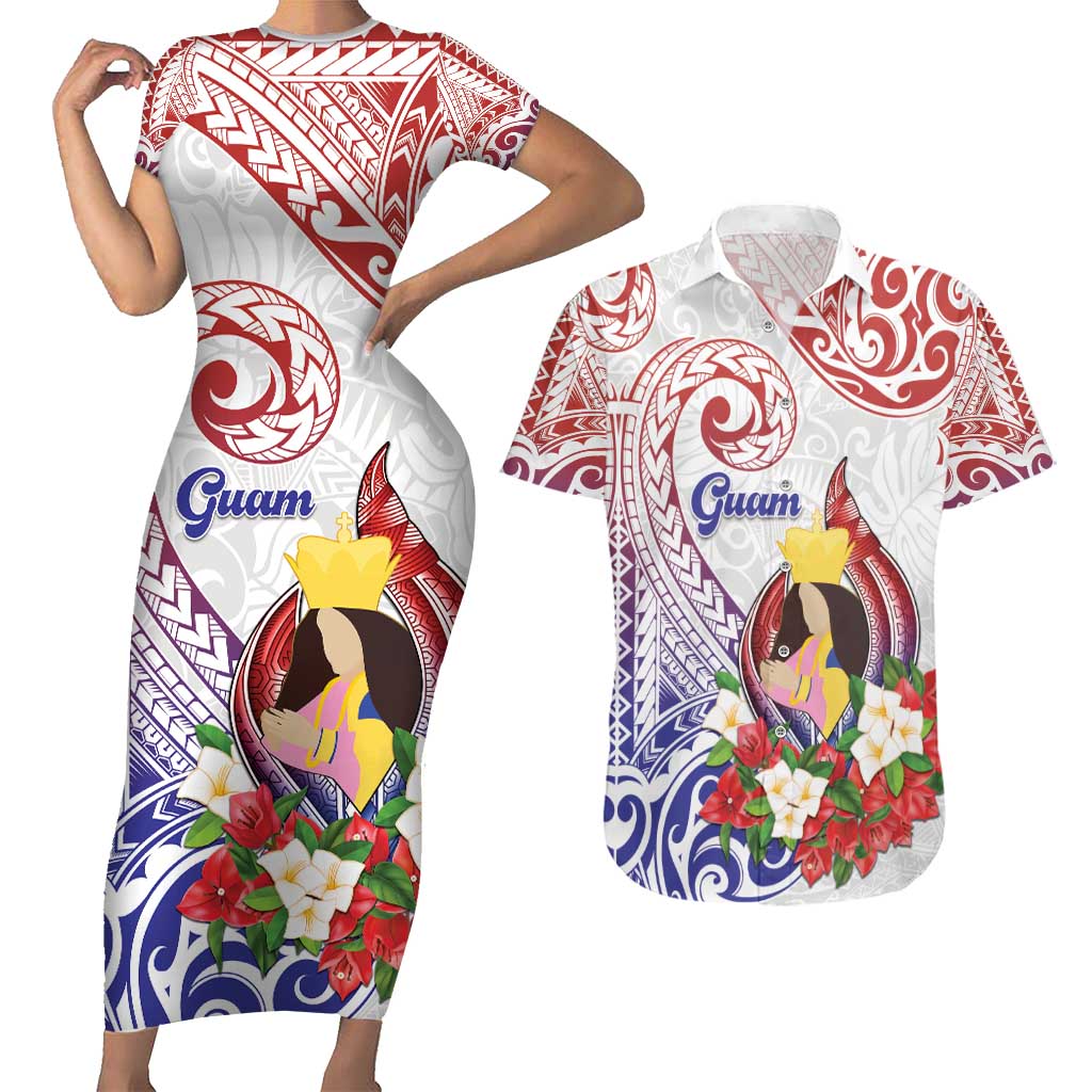 Happy Guam Santa Marian Kamalen Day Couples Matching Short Sleeve Bodycon Dress and Hawaiian Shirt LT05 White - Polynesian Pride