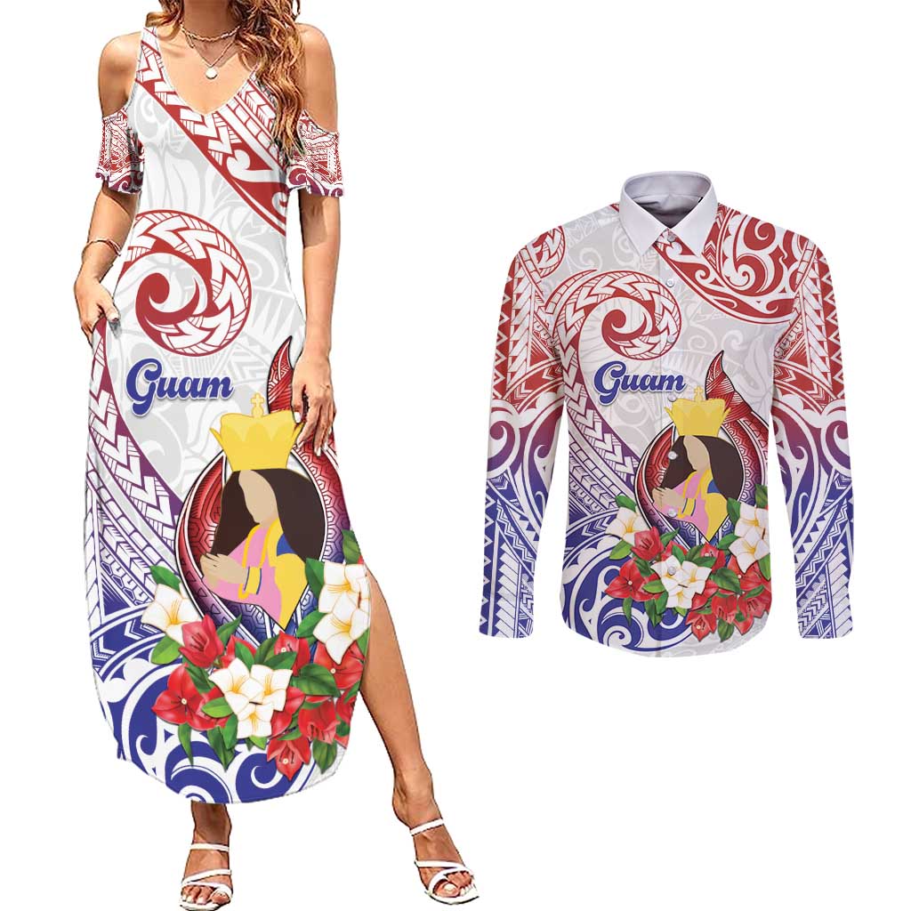 Happy Guam Santa Marian Kamalen Day Couples Matching Summer Maxi Dress and Long Sleeve Button Shirt LT05 White - Polynesian Pride