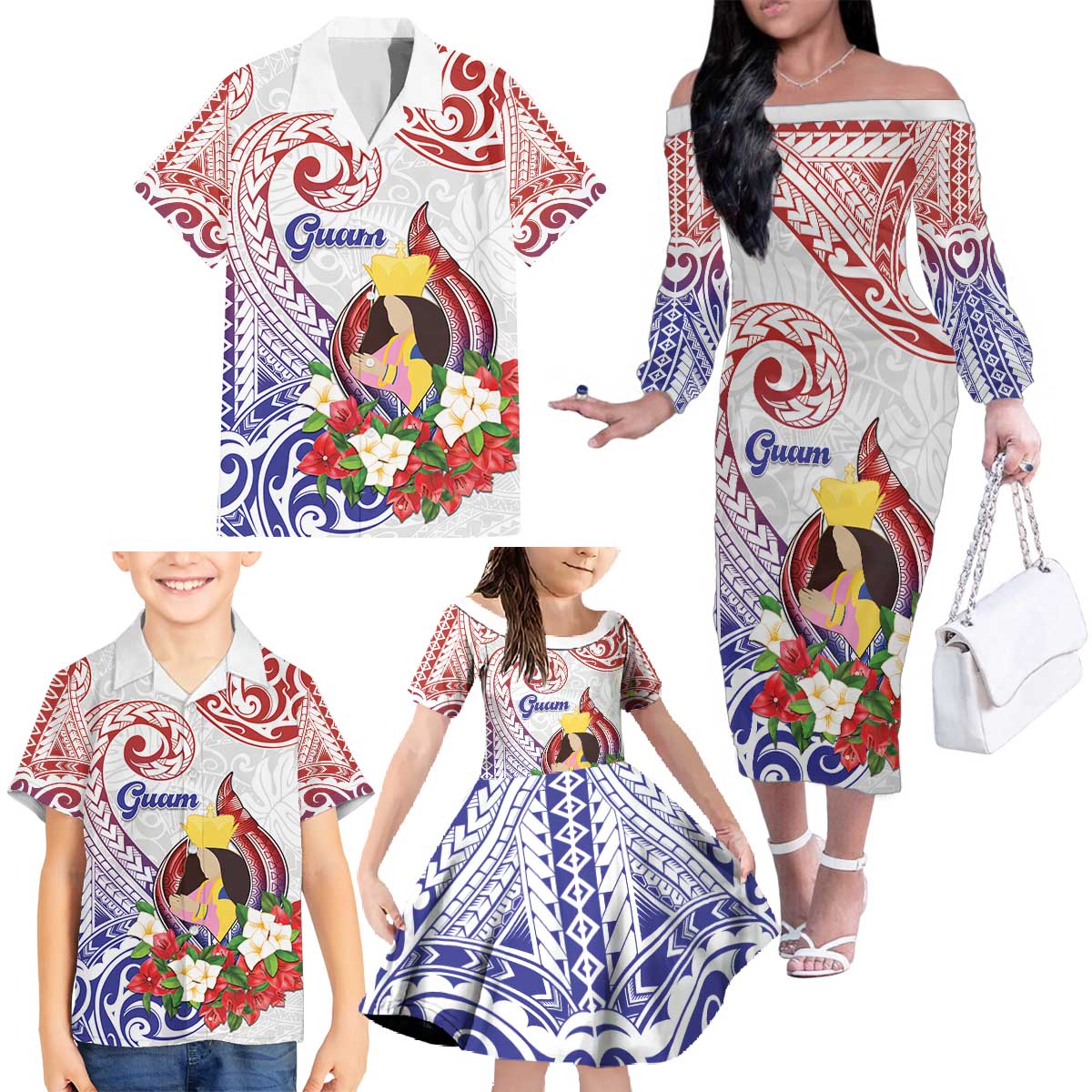 Happy Guam Santa Marian Kamalen Day Family Matching Off The Shoulder Long Sleeve Dress and Hawaiian Shirt LT05 - Polynesian Pride