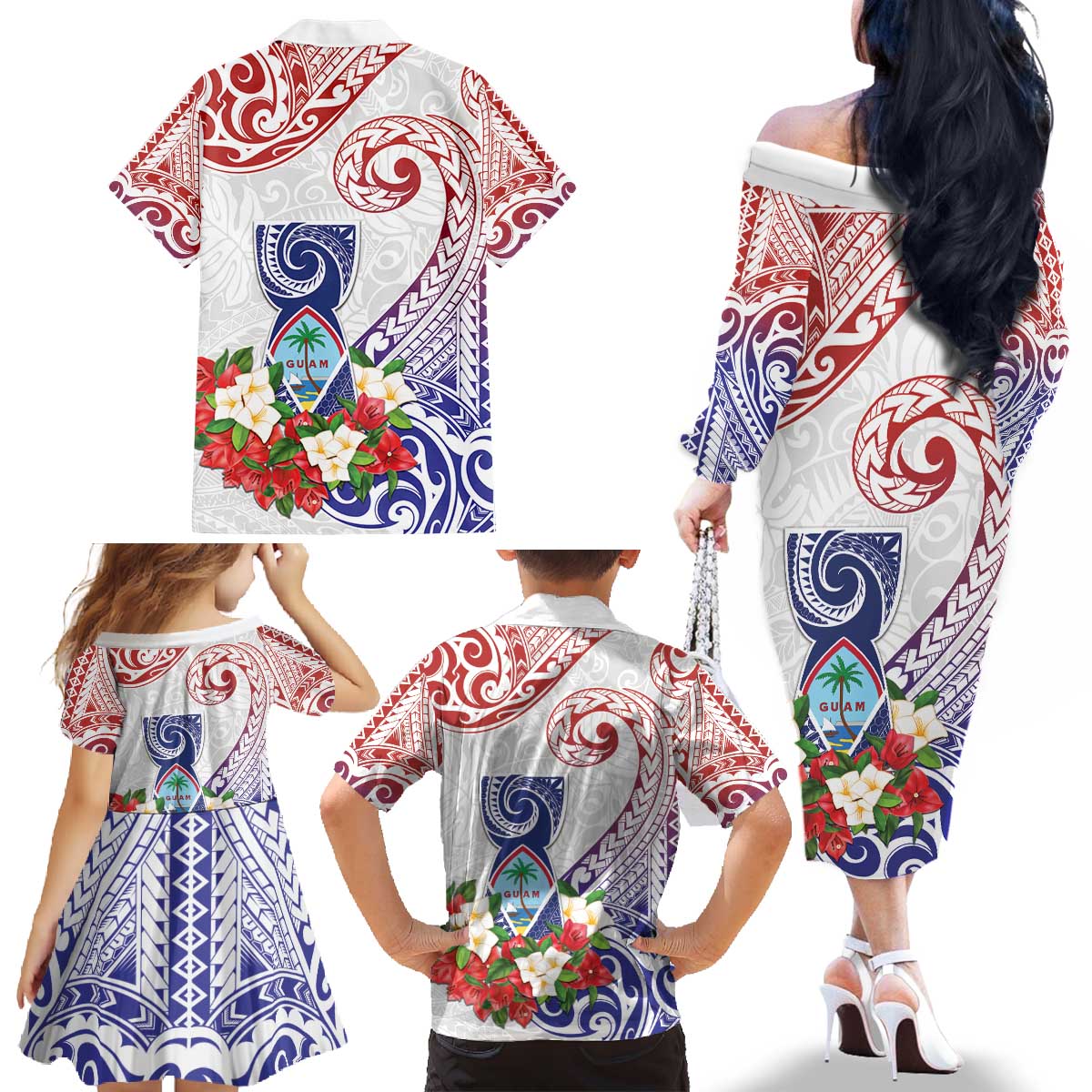 Happy Guam Santa Marian Kamalen Day Family Matching Off The Shoulder Long Sleeve Dress and Hawaiian Shirt LT05 - Polynesian Pride
