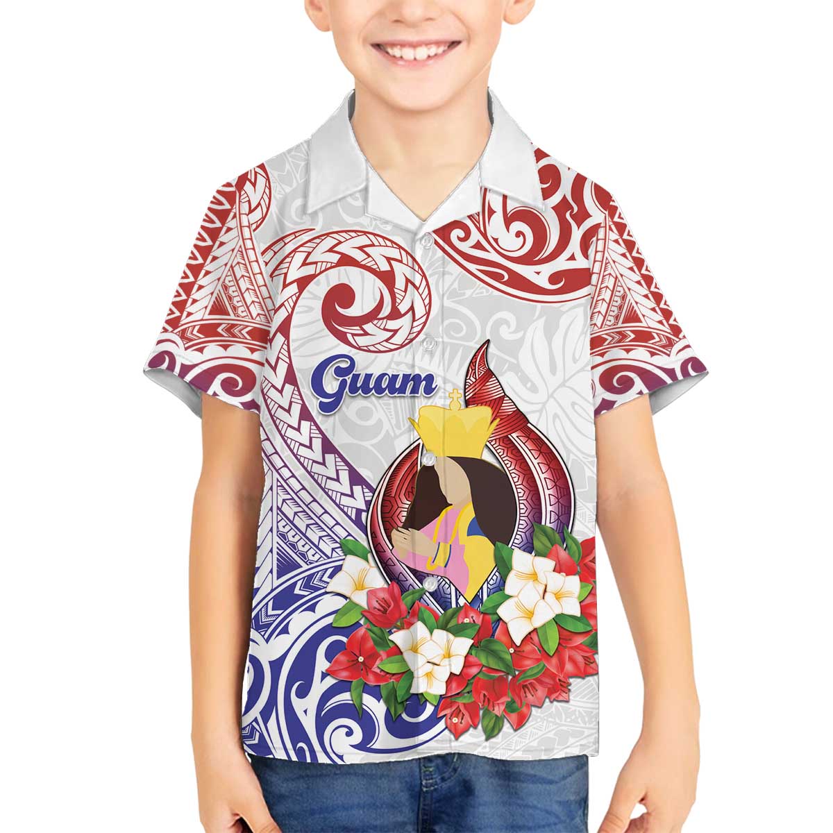 Happy Guam Santa Marian Kamalen Day Family Matching Off The Shoulder Long Sleeve Dress and Hawaiian Shirt LT05 Son's Shirt White - Polynesian Pride
