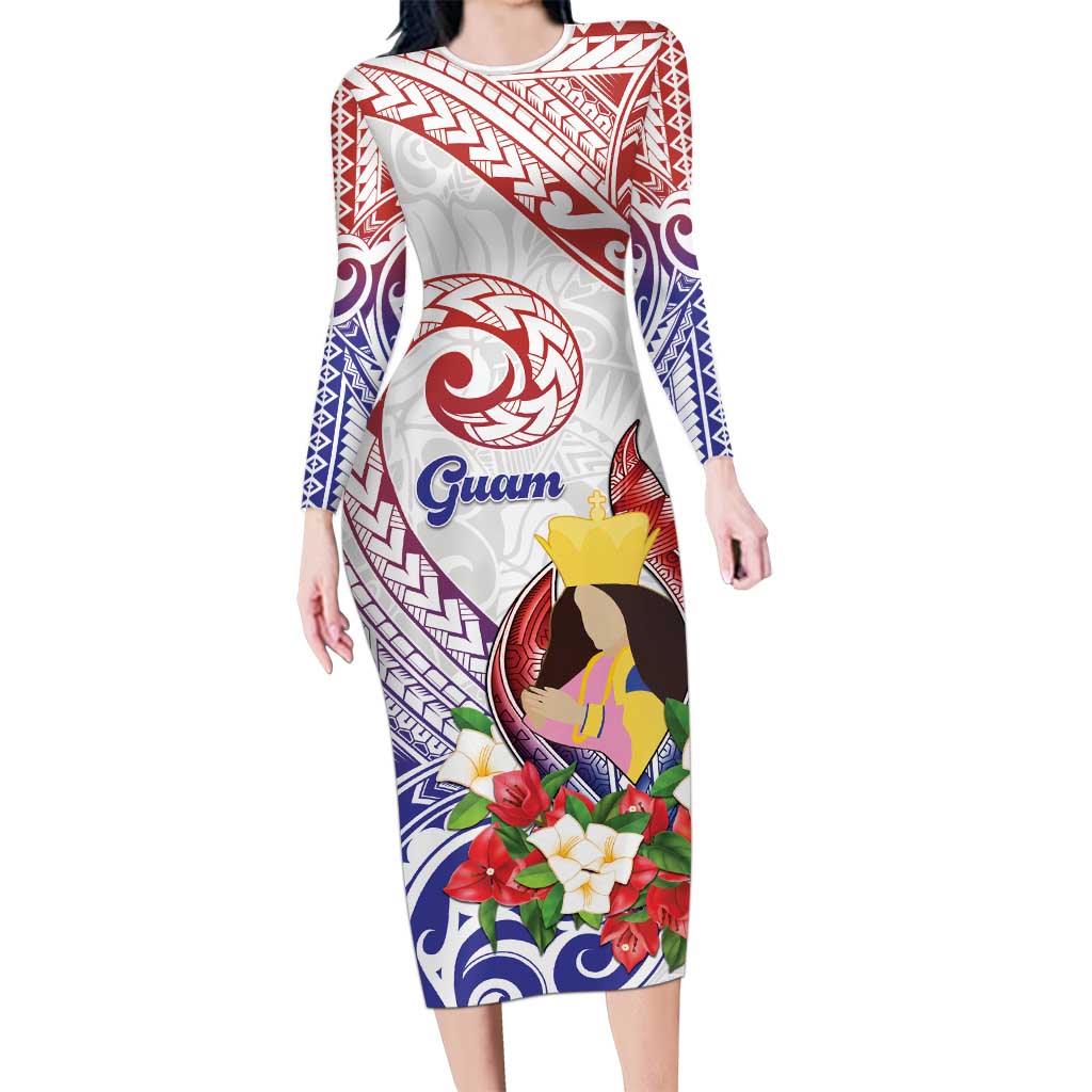 Happy Guam Santa Marian Kamalen Day Long Sleeve Bodycon Dress LT05 Long Dress White - Polynesian Pride