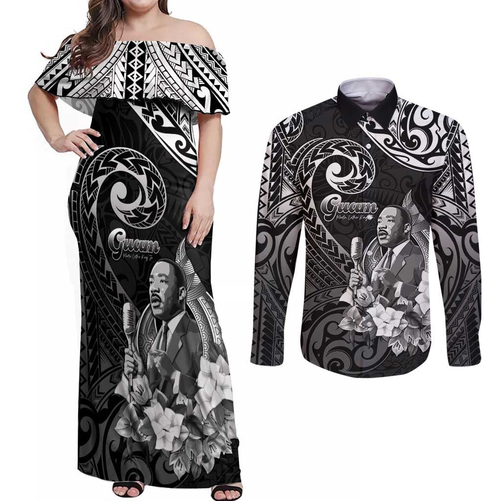 Guam MLK Day Couples Matching Off Shoulder Maxi Dress and Long Sleeve Button Shirt The Legacy Of MLK LT05 Black - Polynesian Pride