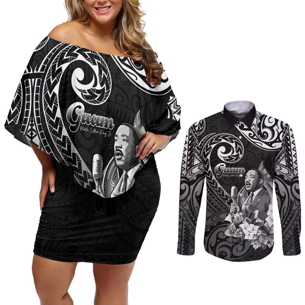 Guam MLK Day Couples Matching Off Shoulder Short Dress and Long Sleeve Button Shirt The Legacy Of MLK LT05 Black - Polynesian Pride