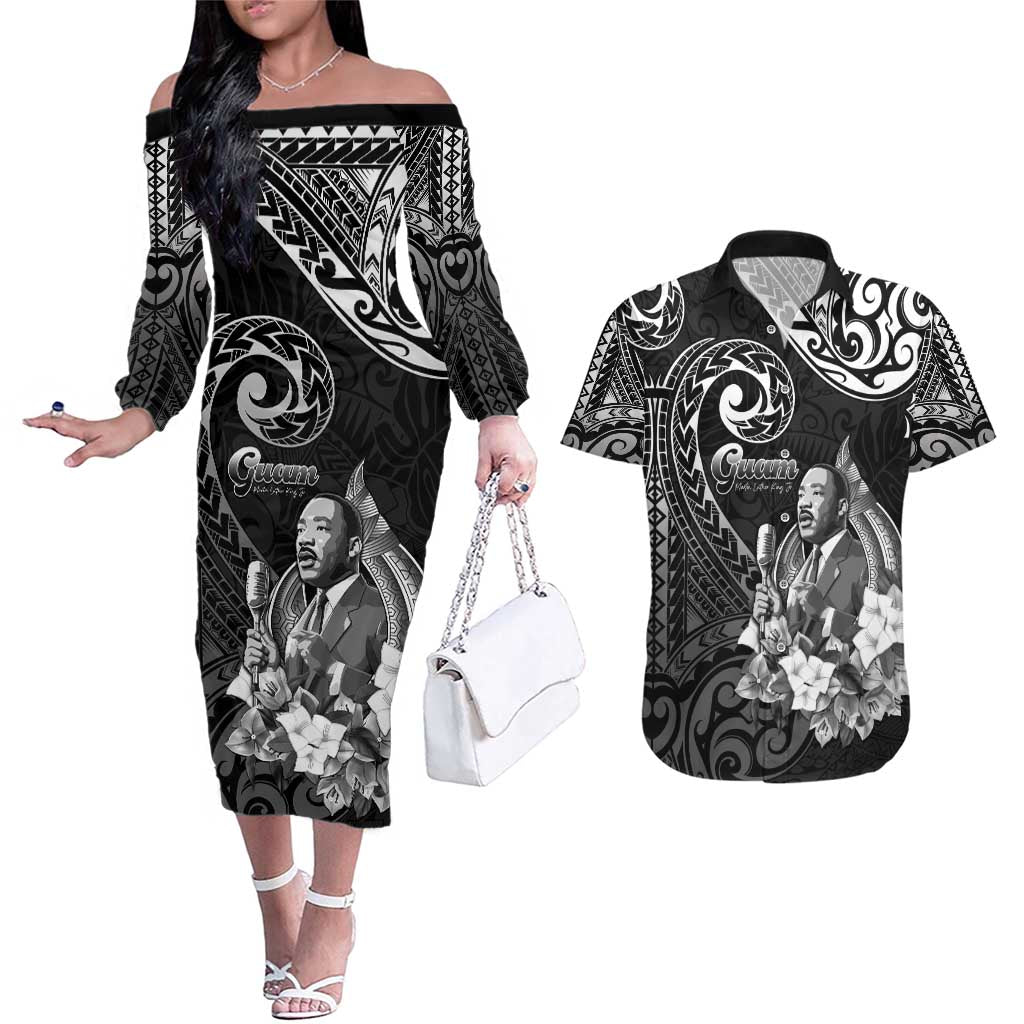 Guam MLK Day Couples Matching Off The Shoulder Long Sleeve Dress and Hawaiian Shirt The Legacy Of MLK LT05 Black - Polynesian Pride