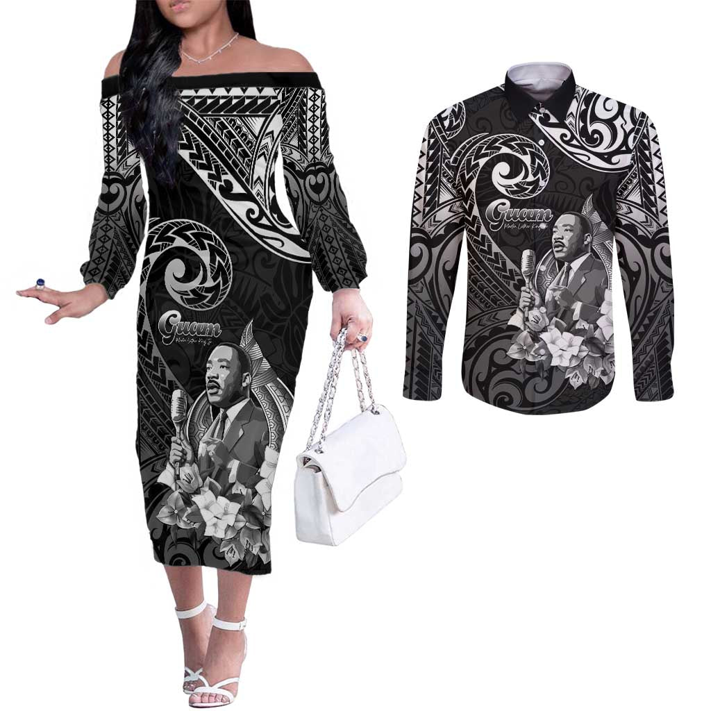 Guam MLK Day Couples Matching Off The Shoulder Long Sleeve Dress and Long Sleeve Button Shirt The Legacy Of MLK LT05 Black - Polynesian Pride