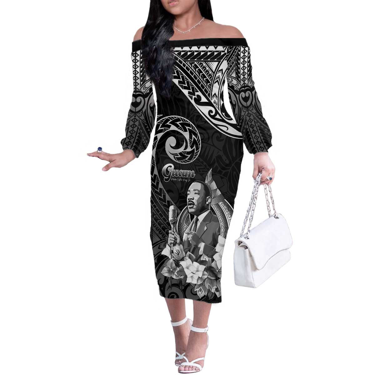 Guam MLK Day Family Matching Off The Shoulder Long Sleeve Dress and Hawaiian Shirt The Legacy Of MLK LT05 Mom's Dress Black - Polynesian Pride