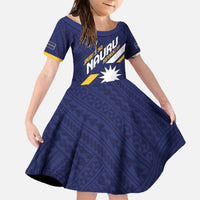 Personalised Happy Nauru Independence Day Family Matching Off The Shoulder Long Sleeve Dress and Hawaiian Shirt Polynesian Pattern LT05 Daughter's Dress Blue - Polynesian Pride