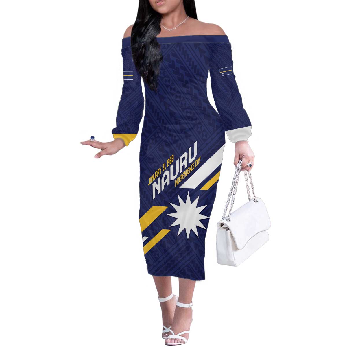 Personalised Happy Nauru Independence Day Family Matching Off The Shoulder Long Sleeve Dress and Hawaiian Shirt Polynesian Pattern LT05 Mom's Dress Blue - Polynesian Pride