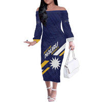 Personalised Happy Nauru Independence Day Family Matching Off The Shoulder Long Sleeve Dress and Hawaiian Shirt Polynesian Pattern LT05 Mom's Dress Blue - Polynesian Pride