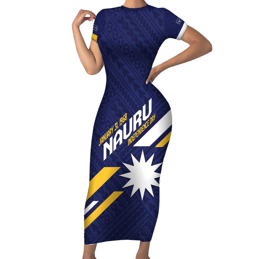 Personalised Happy Nauru Independence Day Family Matching Short Sleeve Bodycon Dress and Hawaiian Shirt Polynesian Pattern LT05 Mom's Dress Blue - Polynesian Pride