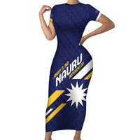 Personalised Happy Nauru Independence Day Family Matching Short Sleeve Bodycon Dress and Hawaiian Shirt Polynesian Pattern LT05 Mom's Dress Blue - Polynesian Pride