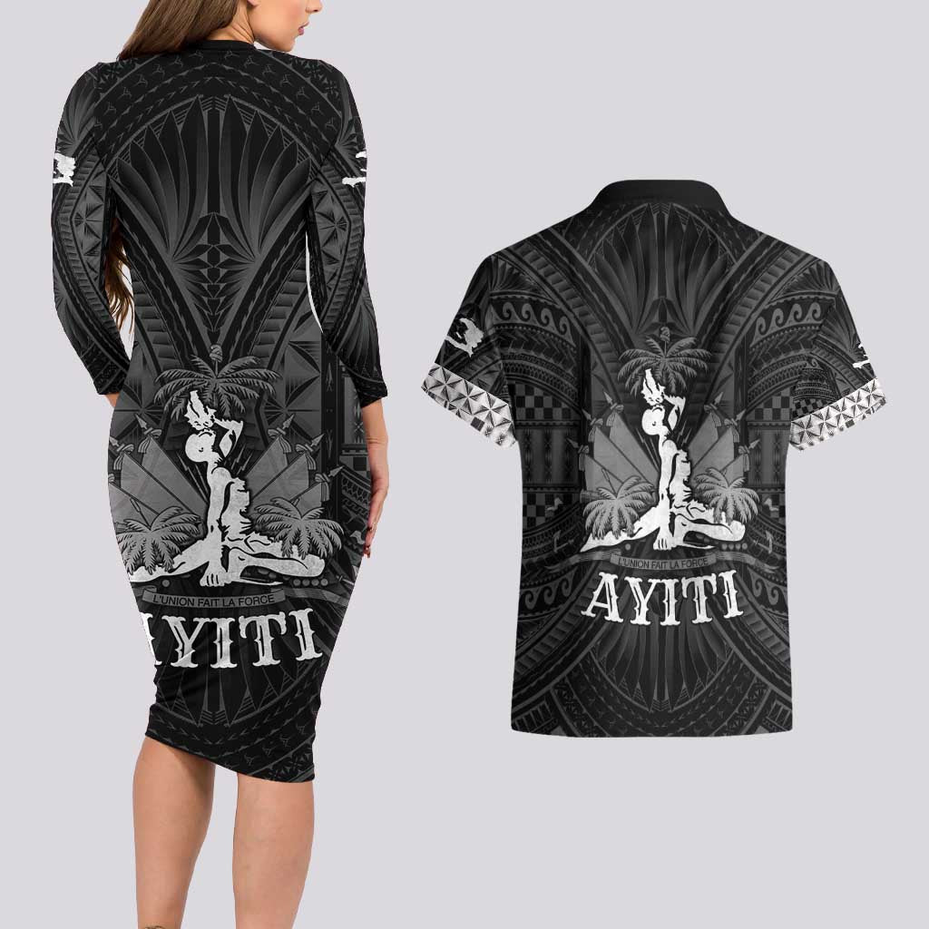 Haiti 1804 Couples Matching Long Sleeve Bodycon Dress and Hawaiian Shirt Polynesian Silver Neg Maron LT05 - Polynesian Pride