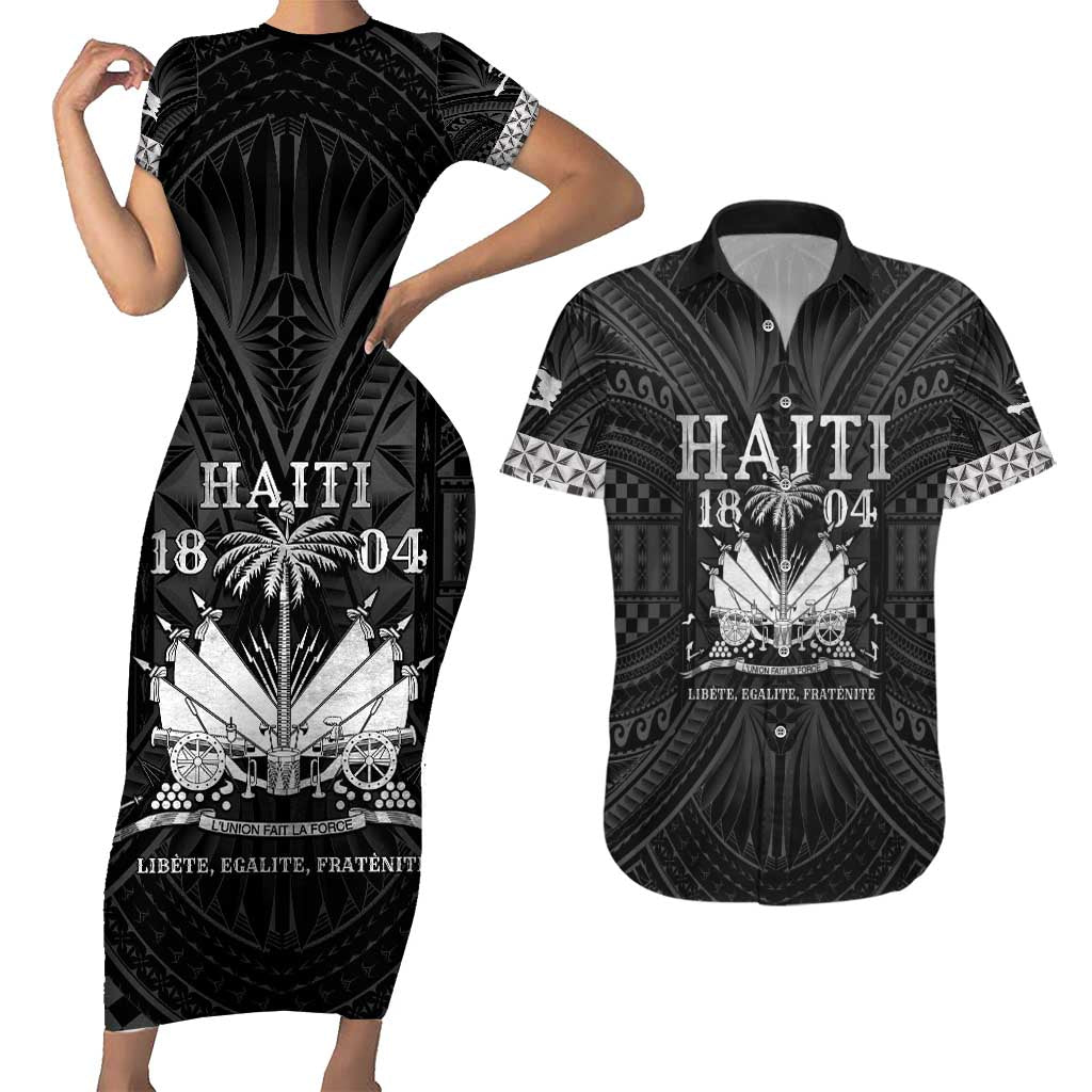 Haiti 1804 Couples Matching Short Sleeve Bodycon Dress and Hawaiian Shirt Polynesian Silver Neg Maron LT05 Silver - Polynesian Pride
