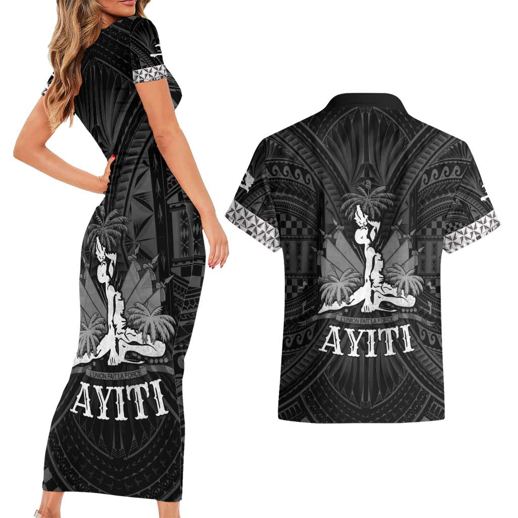 Haiti 1804 Couples Matching Short Sleeve Bodycon Dress and Hawaiian Shirt Polynesian Silver Neg Maron LT05 - Polynesian Pride