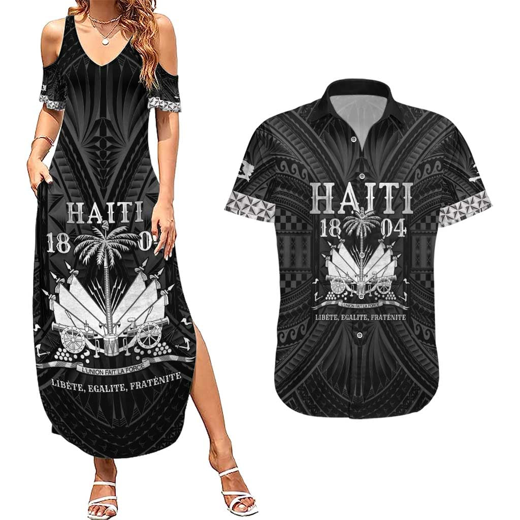 Haiti 1804 Couples Matching Summer Maxi Dress and Hawaiian Shirt Polynesian Silver Neg Maron LT05 Silver - Polynesian Pride