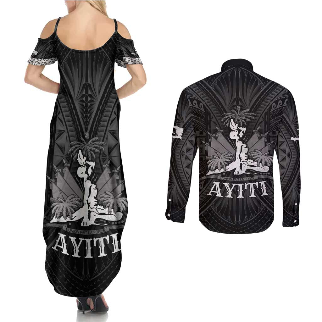 Haiti 1804 Couples Matching Summer Maxi Dress and Long Sleeve Button Shirt Polynesian Silver Neg Maron
