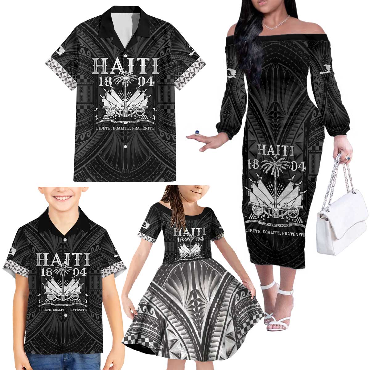 Haiti 1804 Family Matching Off The Shoulder Long Sleeve Dress and Hawaiian Shirt Polynesian Silver Neg Maron LT05 - Polynesian Pride