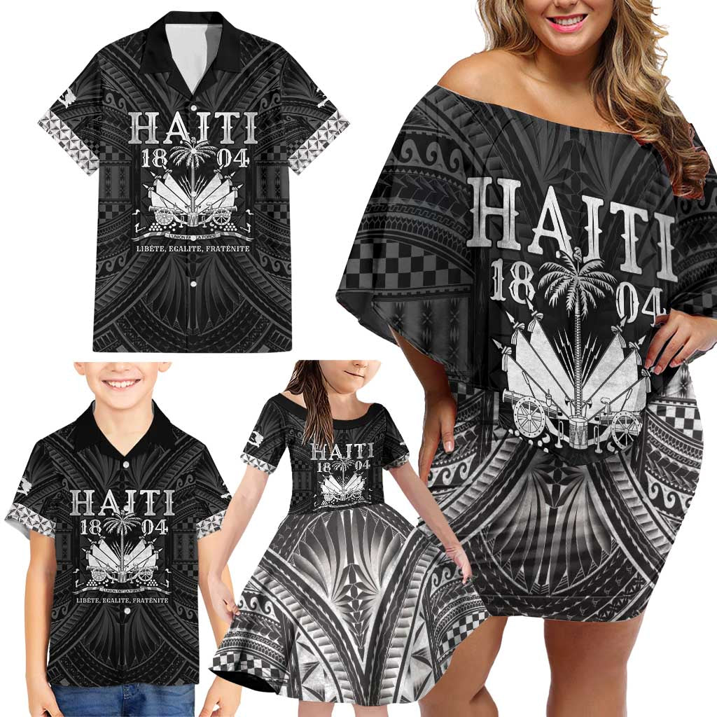 Haiti 1804 Family Matching Off Shoulder Short Dress and Hawaiian Shirt Polynesian Silver Neg Maron LT05 - Polynesian Pride