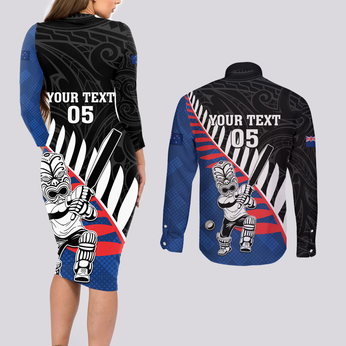 Custom New Zealand Auckland Cricket Couples Matching Long Sleeve Bodycon Dress and Long Sleeve Button Shirt With Maori Pattern LT05 - Polynesian Pride