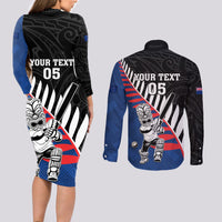 Custom New Zealand Auckland Cricket Couples Matching Long Sleeve Bodycon Dress and Long Sleeve Button Shirt With Maori Pattern LT05 - Polynesian Pride