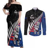 Custom New Zealand Auckland Cricket Couples Matching Off Shoulder Maxi Dress and Long Sleeve Button Shirt With Maori Pattern LT05 Blue - Polynesian Pride